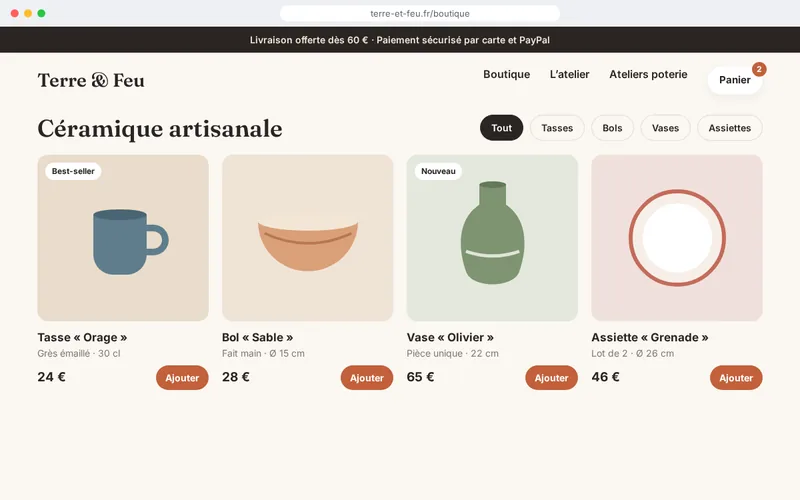 Démonstration d’une boutique de céramique : quatre produits avec prix, filtres et panier