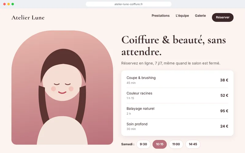 Site de démonstration d’un salon de coiffure : prestations avec durée et prix, et créneaux à réserver