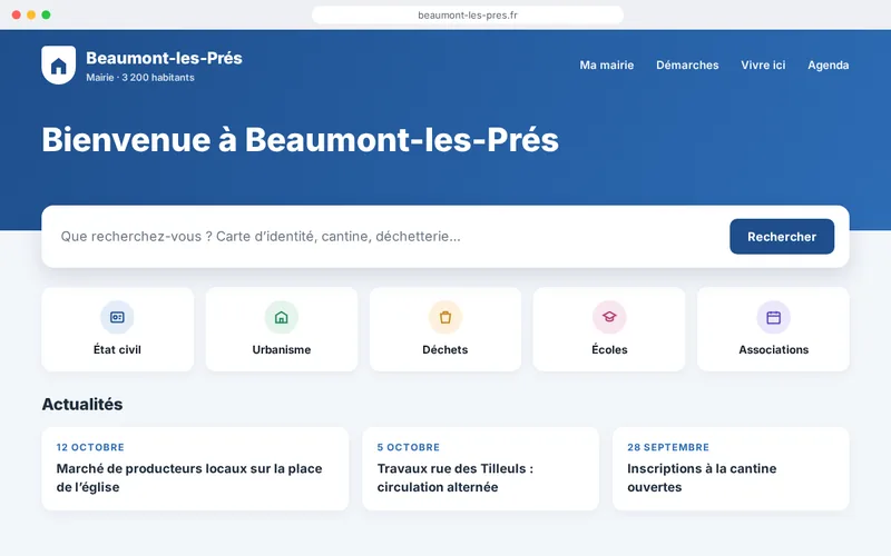 Site de démonstration d’une commune : bandeau de la mairie, barre de recherche, accès aux démarches et actualités