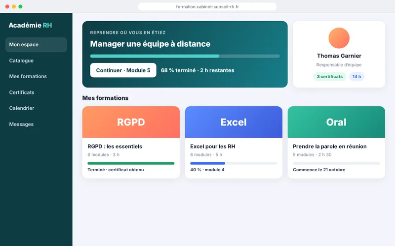 Démonstration d’un espace de formation : formation en cours avec sa progression, profil de l’apprenant et trois cours