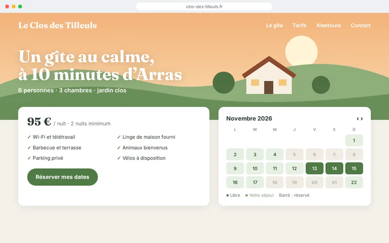Site de démonstration d’un gîte : illustration de la maison, tarif à la nuit, équipements et calendrier des disponibilités