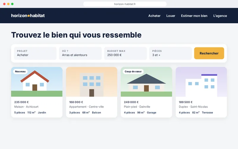 Site de démonstration d’une agence immobilière : recherche par ville et budget, et quatre annonces avec prix et surface