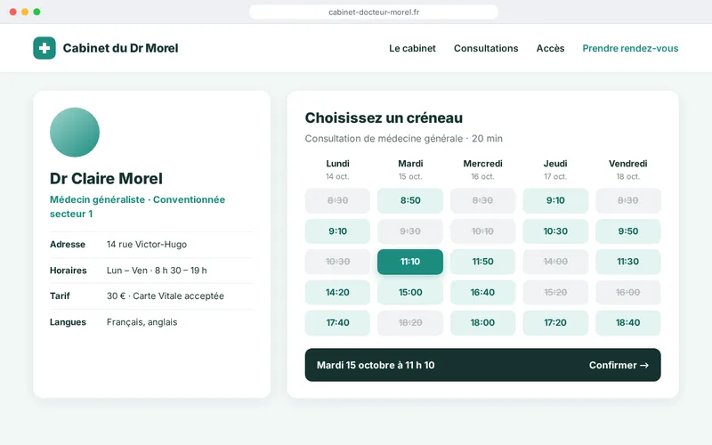 Site de démonstration d’un cabinet médical : fiche du médecin et créneaux de rendez-vous à choisir