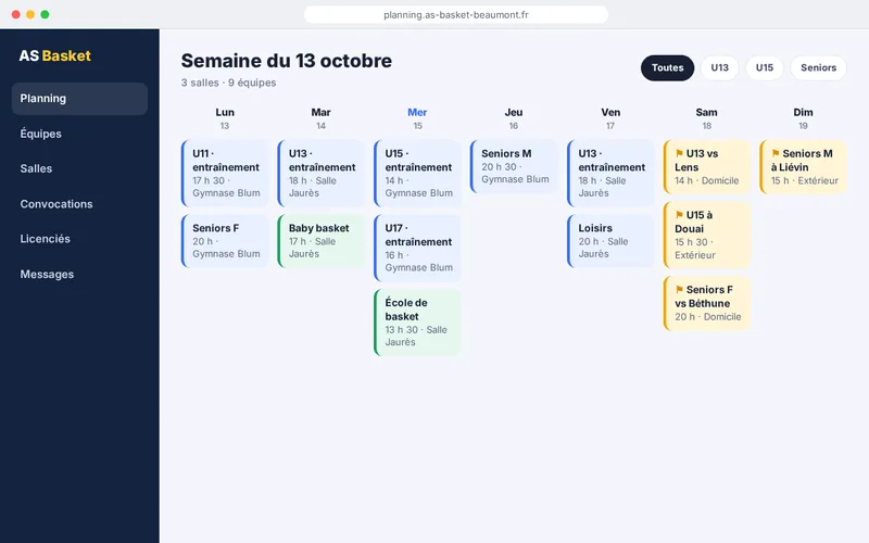 Démonstration d’un planning de club de basket : entraînements et matchs de la semaine par jour