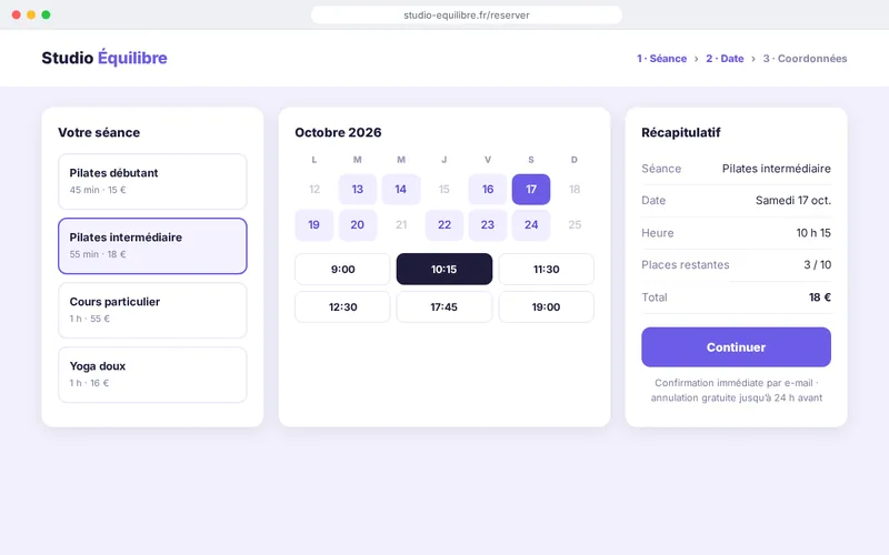 Démonstration d’une réservation en ligne : choix de la séance, calendrier, horaires et récapitulatif