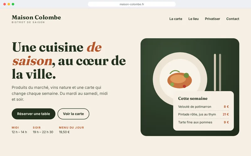 Site de démonstration d’un bistrot : accroche, bouton réserver une table, horaires et plats de la semaine avec leurs prix