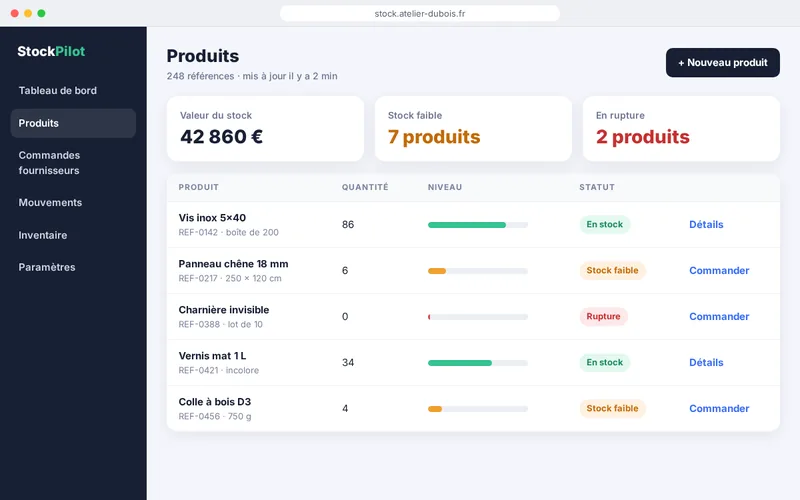 Démonstration d’un outil de gestion de stock : indicateurs, liste de produits avec niveaux et alertes de stock faible